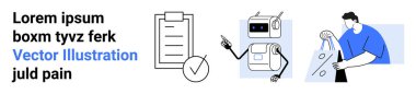 Robot kontrol listesinin yanında işaretçi tutuyor, alışveriş torbası taşıyan bir adam. Yapay Zeka, Robot Bilimi, Alışverişin Geleceği, Perakende Otomasyonu, Akıllı Çıkış, Teknoloji Entegrasyonu İnovasyonu için ideal. İniş