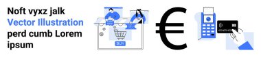 Alışveriş merkezleri, çevrimiçi sepetler, Euro sembolü, QR kodu ve kredi kartıyla ulaşılamaz ödeme. Finans, fintech, çevrimiçi alışveriş, dijital işlemler e-ticaret için ideal