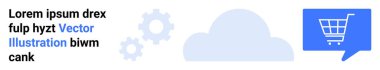 Bulut ikonu, vitesler, mavi konuşma balonunda alışveriş arabası. Çevrimiçi alışveriş, teknoloji, bulut bilgisayarı, e-ticaret, dijital pazarlama, iş operasyonları, veri entegrasyonu için ideal. İniş sayfası