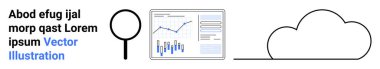 Büyüteç, analiz çizelgesi ve bulut simgesi. İş için ideal, veri analizi, bulut hesaplama, araştırma, SEO, yenilik, web tasarımı. İniş sayfası