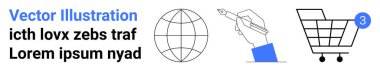Globe, el ele tutuşma kalemi ve rozetli alışveriş arabası. Dijital pazarlama, e-ticaret, küresel iş, içerik oluşturma, çevrimiçi eğitim, iletişim ve müşteri için ideal