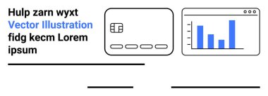 Yer tutucu metni eşliğinde bir tarayıcı penceresi içinde bir bar tablosunun yanında kredi kartı simgesi. Mali raporlar, bütçe sunumları, fintech uygulamaları, veri analizleri, çevrimiçi ödemeler için ideal
