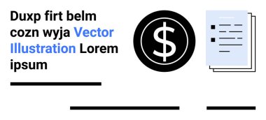 Yığılmış belgelerin bitişiğindeki siyah çemberde dolar işareti, her tarafa lorem ipsum metin blokları. Finans, muhasebe, bütçe, muhasebe, muhasebe, raporlar, iş, pazarlama için idealdir. İniş sayfası