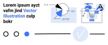 Soyut geometrik elemanlar, Buy düğmesiyle alışveriş arayüzü ve işbirliği yapan iki takım üyesi. E-ticaret siteleri, çevrimiçi alışveriş, takım çalışması, kullanıcı arayüzü tasarımı, teknoloji girişimleri için ideal