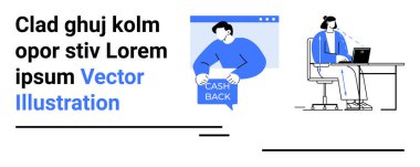 İki figür var, birinde Cash Back tabelası var, diğeri de bilgisayarlı bir masada çalışıyor, finansal ve profesyonel temaları birleştiriyor. Ecommerce, pazarlama, finans, iş, girişimler için ideal, çevrimiçi
