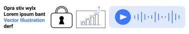 Güvenlik kilidi, ok ile çubuk grafiği ve dalga formlarıyla ses oynatma düğmesi. Siber güvenlik, veri analizi, medya kontrolü, iş analizleri, kullanıcı arayüzü, dijital pazarlama teknolojisi için ideal