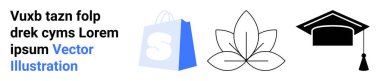 Üç sembol görülebilir. Mavi bir alışveriş çantası, siyah beyaz bir nilüfer çiçeği ve siyah bir mezuniyet şapkası. Çevrimiçi alışveriş, sağlık, eğitim, web tasarımı ve grafik için ideal