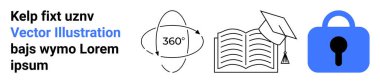Mezuniyet şapkası sembolü, 360 derecelik oklar ve eğitim ve güvenlik kavramlarını temsil eden mavi kilit simgesi olan açık bir kitap. Akademik sunumlar, e-öğrenme platformları, çevrimiçi kurslar için ideal