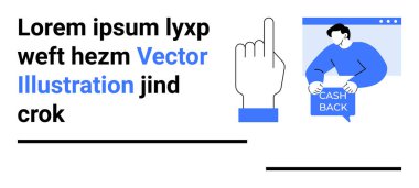 Mavi bileklikle el kaldırma, elinde nakit işareti olan adam, web tarayıcı arayüzü. E-ticaret, iniş sayfaları, promosyonlar, pazarlama, finans hizmetleri, kullanıcı katılımı, tasarım için ideal