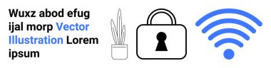 Bir saksı bitkisinin, bir asma kilidin ve büyük bir kablosuz ikonun yanında yer tutucu metin. Siber güvenlik, güvenli bağlantılar, kablosuz güvenlik, koruma ağları, veri koruması, çevrimiçi güvenlik için ideal