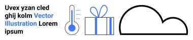 Mavi bir termometre, içinde kurdele olan mavi beyaz bir hediye kutusu ve siyah çizgili bir bulut. Hava durumu, hediye verme, tatil, sıcaklık, kutlamalar, veri depolama ve soyut temalar için ideal