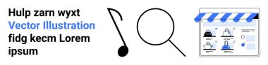 Biçimlendirilmiş siyah müzik notası, siyah büyüteç simgesi ve resim ve yer tutucu metin içeren mavi temalı mağaza tasarımı. Müzik, arama, e-ticaret, web tasarımı, prototip için ideal