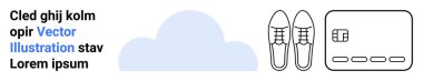 Metnin yanında bulut simgesi, çizilmiş ayakkabılar ve bir kredi kartı. Teknoloji, moda, e-ticaret, finans, bulut hizmetleri dijital işlemler veri depolama temaları için idealdir. İniş sayfası