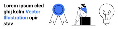 Bir kutunun üzerinde oturan kişinin yanında mavi kurdele, arkasından da bir ampul. Yaratıcılık, eğitim, başarı, yenilik, teknoloji ve tasarım için ideal. İniş sayfası