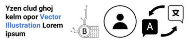 Kullanıcı simgesi, Bitcoin ağ sembolü ve minimalist vektör biçiminde çeviri okları. Fintech, dil hizmetleri, kullanıcı arayüzleri, eğitim, engelleme teknolojisi, teknoloji blogları ve uygulamalar için ideal