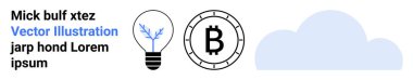 Bitkili ampul, çemberde Bitcoin sembolü ve mavi bulut şekli. Kavramlarda ideal yenilik, teknolojik büyüme, kripto para birimi, bulut hesaplama, sürdürülebilirlik, modern finans