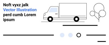 Beyaz teslimat kamyonu, siyah tekerlekler, üç balon, mavi metin, siyah çizgiler, daireler. Lojistik, ulaşım, iş, kutlama, basitlik, modern iniş sayfası için ideal. İniş sayfası
