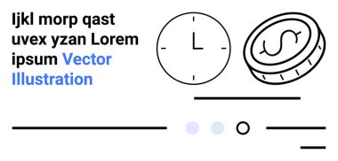 Zaman yönetimini temsil eden saat simgesi, madeni parayı simgeleyen siyah-mavi yazı. Mali planlama, zaman izleme, iş stratejisi, verimlilik iyileştirmesi ve ekonomik öğrenim için ideal