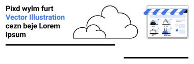 İnternet hizmeti için vitrin önü grafiklerinin yanında bulut simgeleri. Metin elemanları solda, yerleşim için siyah çizgiler var. Bulut hizmetleri için ideal, çevrimiçi iş, e-ticaret, teknoloji, dijital