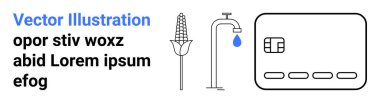 Mavi su damlası, mısır bitkisi ve metin elementli kredi kartı olan bir musluk. Sürdürülebilirlik, tarım, finans, su tasarrufu, temiz enerji, tarım çevre dostu uygulamalar için ideal