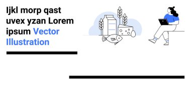 Dizüstü bilgisayar üzerinde çalışan kişi, süt, peynir, balık ve tahıl dahil yiyecek maddeleri. İş hayatı dengesi, tarım, beslenme, teknoloji, eğitim, uzaktan çalışma, sağlıklı yaşam tarzı temaları için ideal