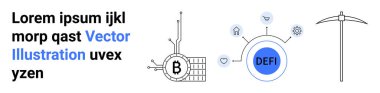 Devreli Bitcoin sembolü, ikonlar ve maden kazma ile merkezi olmayan DeFi konsepti. Fintech, engelleme zinciri, yatırım, finans teknolojisi, bankacılık, dijital para birimleri için ideal