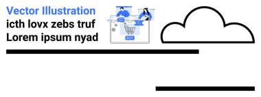 İnsanlar satın alma düğmesinin üstündeki online mağaza arayüzü, büyük bulut grafiği ve yer tutucu metni ile etkileşime geçiyorlar. E-ticaret, çevrimiçi alışveriş, bulut hesaplama, dijital pazarlama, teknoloji girişimleri için ideal