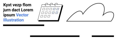 Izgara düzeni ve kıvrımlı bulut çizgisi sanatı takvimine siyah ve mavi renkli rastgele metin elemanları eşlik ediyor. Dijital araçlar, web tasarımı, sunumlar, pazarlama, eğitim, programlama için ideal