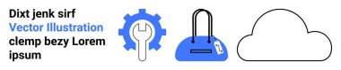 Jenk sirf Vector Illustration clemp bezy Lorem ipsum metin, dişli ve anahtar ikonu, etiketli alışveriş çantası, ve bulut taslağı. Teknoloji, alışveriş, bulut hesaplama, markalaşma için ideal