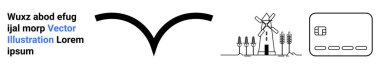 Gökyüzünde uçan kara kuş, ağaçlar ve çalılarla dolu bir tarlada detaylı yel değirmeni ve pencereli bir ev ikonu. Çevresel temalar için ideal, yenilenebilir enerji, kırsal alanlar, basitlik