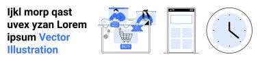 Çevrimiçi alışveriş sahnesi, mobil arayüz ve analog saat gibi çeşitli görsel öğeler. E-ticaret, mobil uygulama tasarımı, zaman yönetimi, web geliştirme, çevrimiçi pazarlama, kullanıcı
