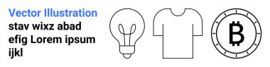 Ampul, tişört, Bitcoin sembolü ve yer tutucu metin. Teknoloji, moda, kripto para birimi, blok zinciri, tasarım, yenilik ve pazarlama için ideal. Mavi ve siyah beyaz. İniş sayfası