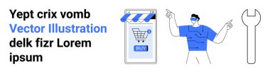 Alış veriş arabası uygulamalı akıllı telefon, insan karakteri jestleri ve büyük anahtar aleti. E-ticaret, çevrimiçi alışveriş, dijital pazarlama, mobil uygulamalar, müşteri hizmetleri, teknik destek, web siteleri için ideal