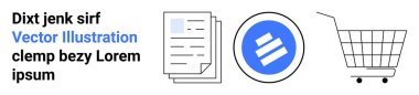 Alışveriş arabası, doküman yığını ve yazılı yuvarlak simge. E-ticaret, ticaret, finans, lojistik, pazarlama, teknoloji, dijital içerik için ideal. İniş sayfası için pankart