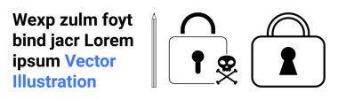 Anahtar delikli iki kilit simgesi, birinin kafatası ve çapraz kemikleri var. Sol tarafta mesaj var. Siber güvenlik için ideal, çevrimiçi koruma, veri güvenliği, şifreleme, erişim kontrol savunmasızlığı. İniş sayfası