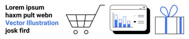 Alışveriş arabası, tarayıcı vitrininde analitik bar çizelgesi ve hediye kutusu. E-ticaret, çevrimiçi alışveriş, satış analizi, pazarlama, veri içgörüsü müşteri ödülleri ve tanıtımları için idealdir. İniş sayfası