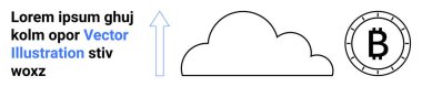 Yukarı bakan ok, bulut sembolü, Bitcoin simgesi, yer tutucu metin. Teknoloji, bulut hesaplama, kripto para birimi, veri entegrasyonu, finans teknolojisi, engelleme zinciri ve dijital para birimi için ideal