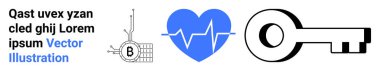 Üç element Bitcoin madencilik platformu, kalp atışları kalp şeklinde ve anahtar. Finansal teknoloji, sağlık izleme, güvenlik sistemleri, kripto para birimi, tıbbi veriler, biyometrik doğrulama, çevrimiçi doğrulama için ideal