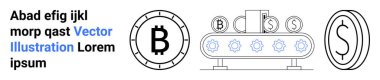 Bozuk paranın üzerindeki Bitcoin sembolü, hareket eden vites şeritli taşıyıcı bant, ve diğer madeni paralar, dolar parası. Şifreleme, engelleme zinciri, fintech, dijital para birimi, otomasyon, finans teknolojisi için ideal