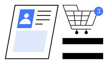 Avatarlı profil kartı ve malzeme bildirimli alışveriş arabası simgesinin yanında detaylar. E-ticaret, alışveriş davranışları, müşteri profilleri, çevrimiçi alımlar, kullanıcı bildirimleri, dijital