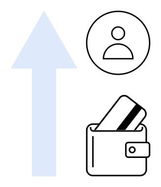 Yukarı doğru büyük bir ok, şahıs simgesi, içinde kredi kartı olan cüzdan. Kişisel finans, büyüme, tasarruf, mali yönetim, yatırım bütçesi planlama ekonomik kalkınma için idealdir. Satır metaforu