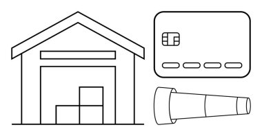 Depo, istiflenmiş kutular, kredi kartı ve megafonla dolu. Lojistik, e-ticaret, ödeme işlemleri, pazarlama kampanyaları, envanter yönetimi, iletişim stratejileri müşteri hizmetleri için ideal