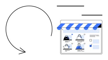 Web sitesi vitrininde çeşitli çantalar sergiliyor, tentenin altında, solu gösteren dairesel bir ok var. E-ticaret, çevrimiçi alışveriş, perakende satış, dijital pazarlama, müşteri yolculuğu için ideal