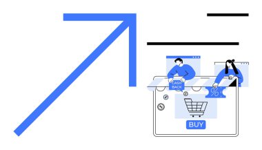 Masaüstü ekranında alışveriş arabası, satın alma düğmesi, nakit para ve indirim teklifleri. Dizüstü bilgisayar kullanan insanlar. E-ticaret için ideal, çevrimiçi pazarlama, dijital satışlar, nakit terfiler finansal büyüme