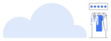 Giysi rafının arkasındaki büyük bulut dört giysi ve beş mavi yıldız gösteriyor. E-ticaret, çevrimiçi alışveriş, müşteri memnuniyeti, moda endüstrisi, bulut depolama, veri yönetimi, perakende satış