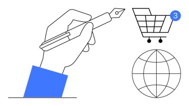 Elinizde dolmakalem, alışveriş sepetinde uyarı, küre. Yazmak için ideal, e-ticaret, küresel bağlantı, dijital iletişim, İnternet çevrimiçi alışveriş eğitimi. Satır metaforu