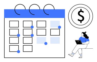İşaretli tarihli takvim, büyük dolar işareti, dizüstü bilgisayarı olan kişi. Planlama, finans, uzaktan çalışma, üretkenlik, zaman yönetimi, dijital organizasyon, iş stratejisi için ideal. Satır metaforu