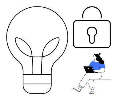 Tablet kullanan mavi gömlekli kadının yanında büyük bir ampul ve kilit sembolü var. Teknoloji, yenilik, güvenlik, dijital dönüşüm, veri koruması, yaratıcı düşünce ve modern için ideal