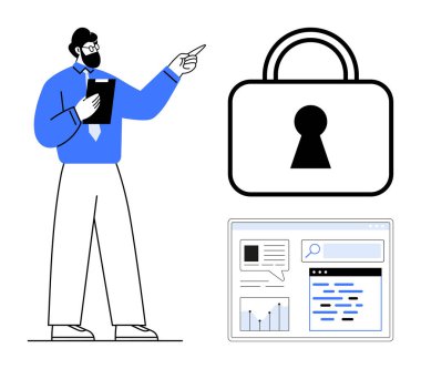 İş adamı gözlüklü, elinde bir pano tutan, web sayfası arayüzünün yanındaki büyük, güvenli bir kilit sembolünü işaret eden. Siber güvenlik için ideal, çevrimiçi mahremiyet, veri koruması, iş