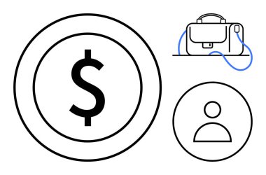 Çemberin içinde dolar işareti, evrak çantası ve kullanıcı simgesi var. Finans, iş, ağ, insan kaynakları, ekonomi, profesyonel hizmetler ve dijital platformlar için idealdir. Çizgi